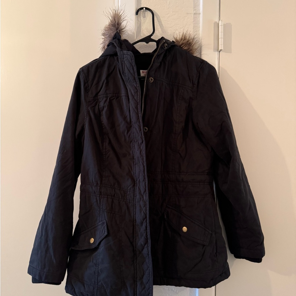 Black Hooded Parka with Fur Trim